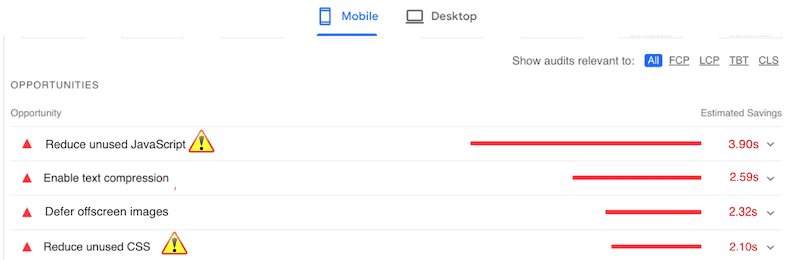 Пример предупреждений PageSpeed Insights, связанных с кодом. Источник: PageSpeed Insights.