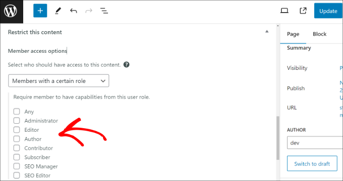 Pilih peran pengguna untuk membatasi akses halaman Choose user roles to limit page access