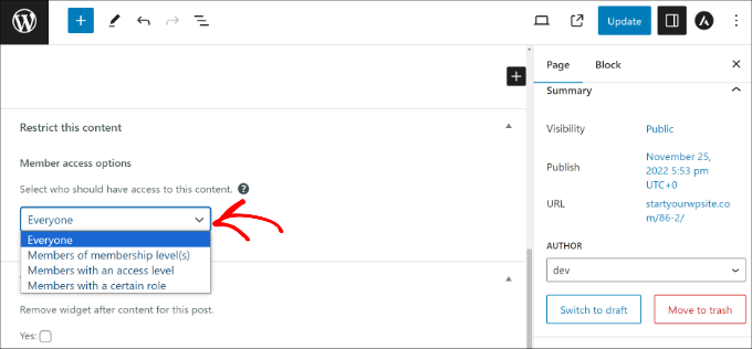 Batasi konten berdasarkan peran pengguna Select user role to restrict pages