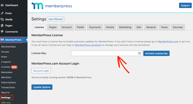 Kunci lisensi MemberPress Adding a license key to your MemberPress plugin
