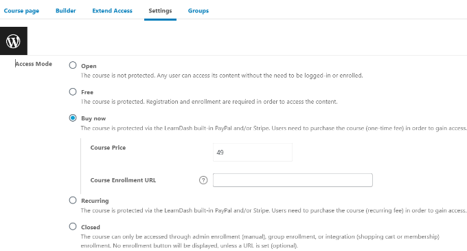 Pilihan kursus Change access mode settings