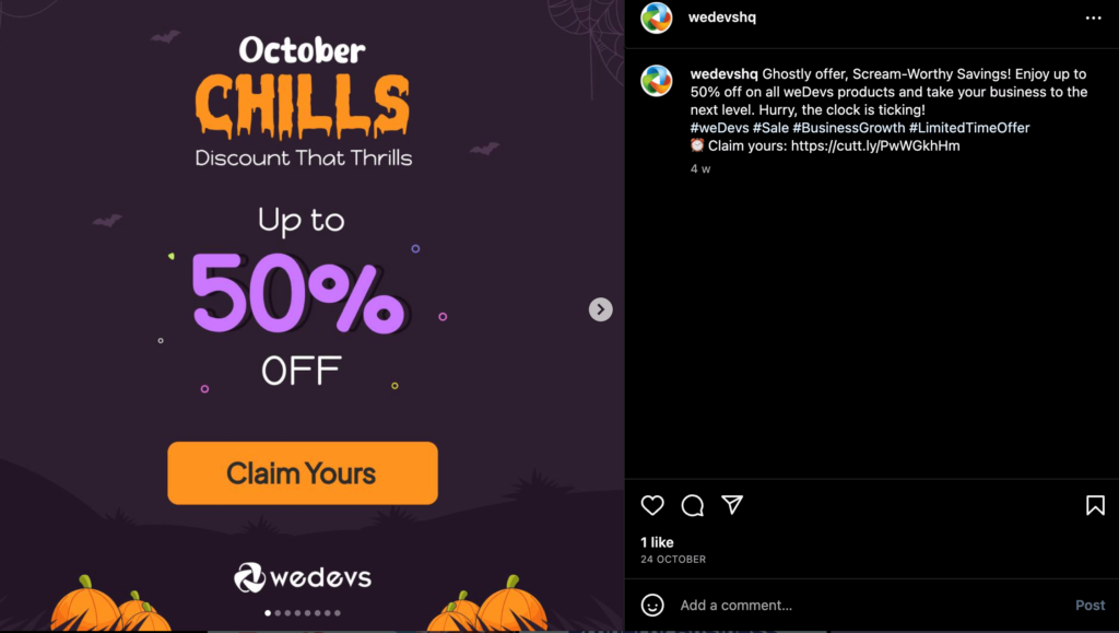 Ini adalah contoh penawaran halloween dari wedevs di instagram
