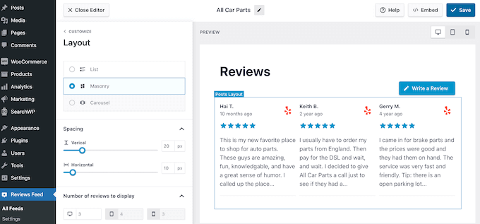汽車零件評論,使用 Smash Balloon 顯示 Car part reviews, displayed using Smash Balloon