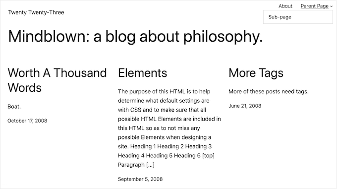 預設 WordPress 主題的範例 An example of a default WordPress theme