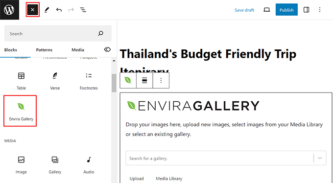 添加 envira 畫廊塊 Add envira gallery block