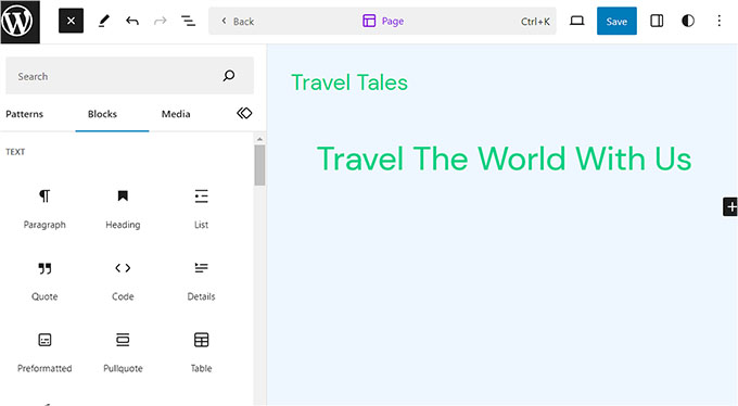旅遊商業網站的完整網站編輯器 Travel business site in full site editor