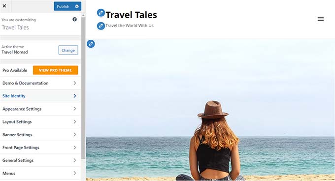 定制器中的旅行主題 Travel theme in the customizer