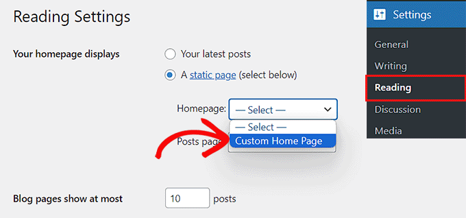 選擇靜態首頁 Choose a static home page