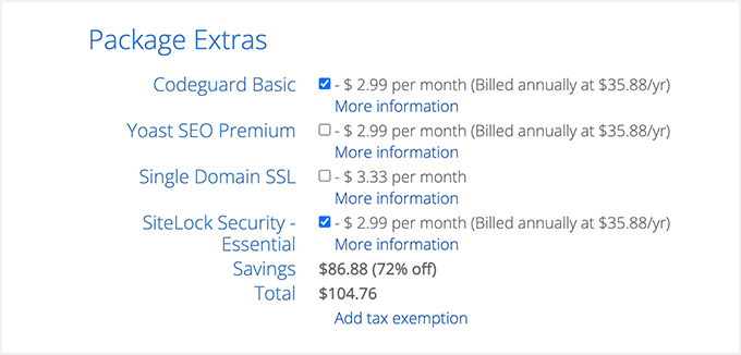 Bluehost 套餐附加功能 Bluehost package extras