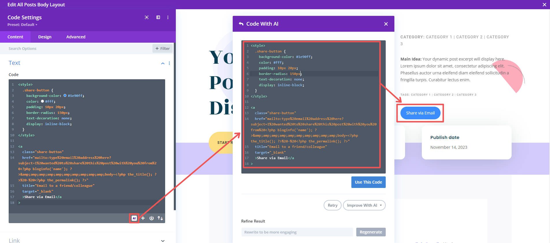 Divi AI-Code-Snippet – Teilen per E-Mail CSS, HTML