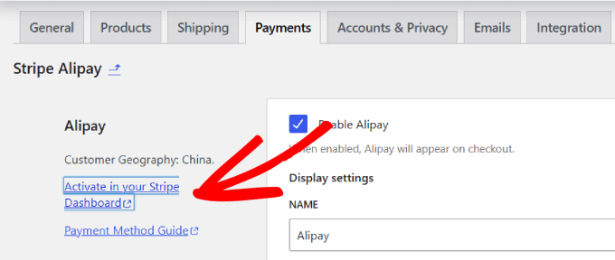 Stripe kontrol panelinde etkinleştirin Activate in Stripe dashboard
