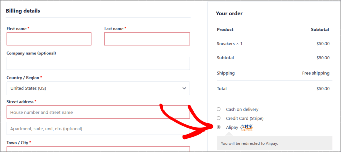 Alipay ödeme seçeneği Alipay checkout option