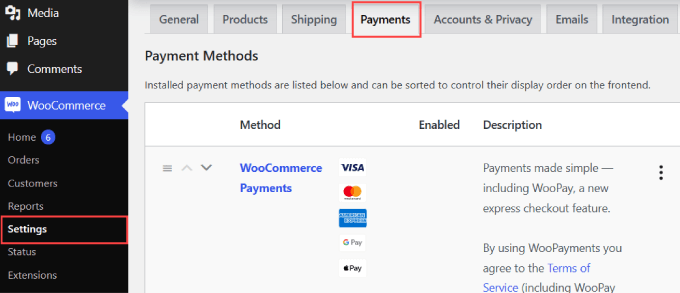 WooCommerce ödemeler sekmesi WooCommerce payments tab