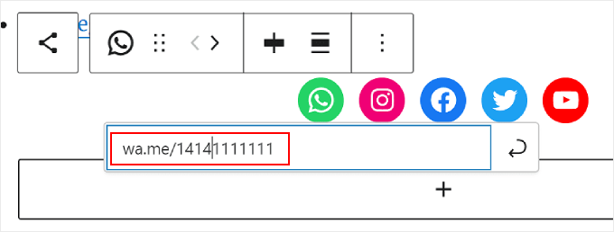 Aggiunta di un numero WhatsApp nel blocco Icone Social Adding a WhatsApp number in the Social Icons block