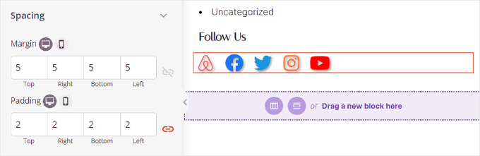 Configurazione della spaziatura dei blocchi dei profili social in SeedProd Configuring the Social Profiles block spacing in SeedProd