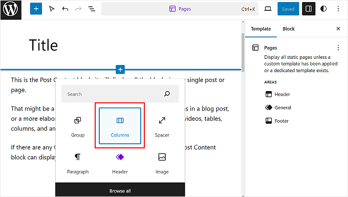 Selezionando il blocco Colonne sull'editor di WordPress Selecting the Columns block on WordPress editor