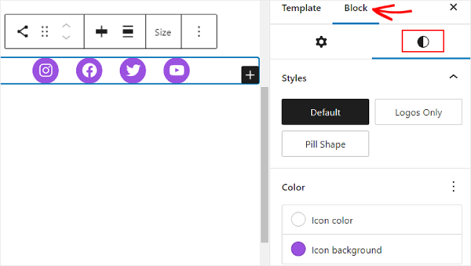 Configurazione del colore e degli stili delle icone social nella scheda Stili di blocco Configuring the Social Icons color and styles in the Block Styles tab