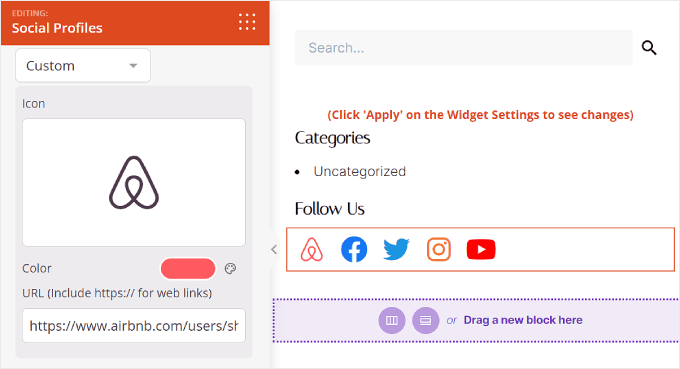 Configurazione del design dell'icona di Airbnb sul blocco Profili social all'interno di SeedProd Configuring the Airbnb icon design on Social Profiles block inside SeedProd