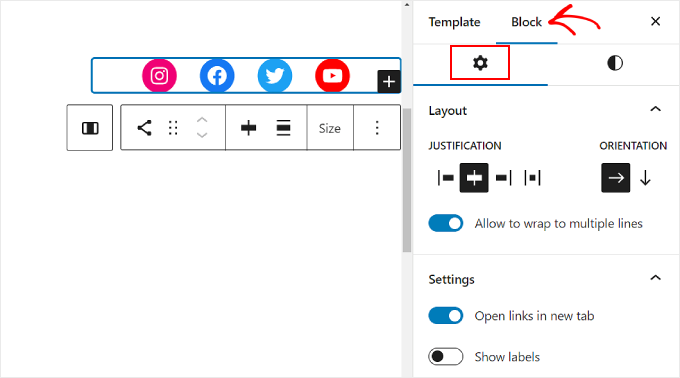 Impostazioni del blocco delle icone social Social Icons Block Settings