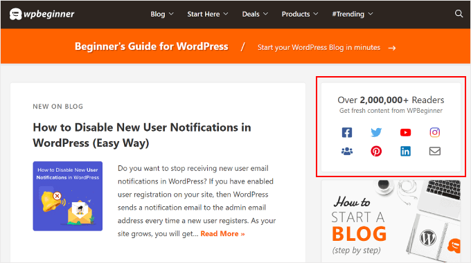 Le icone dei social media di WPBeginner sulla barra laterale WPBeginner's social media icons on the sidebar