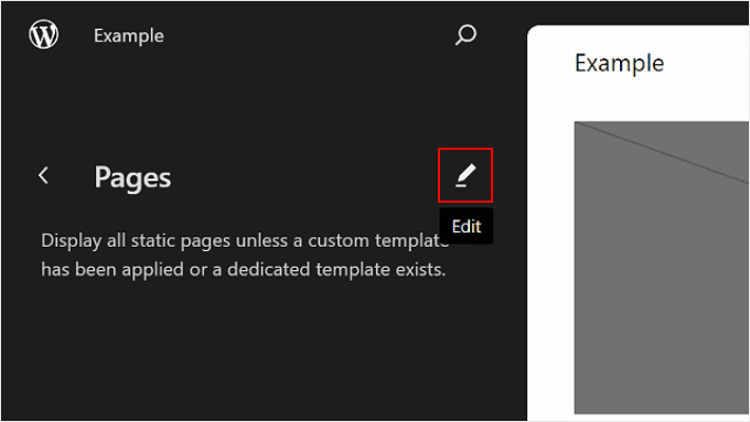 Facendo clic sul pulsante di modifica a matita su Pages all'interno dell'editor di WordPress Clicking the pencil edit button on Pages inside the WordPress editor