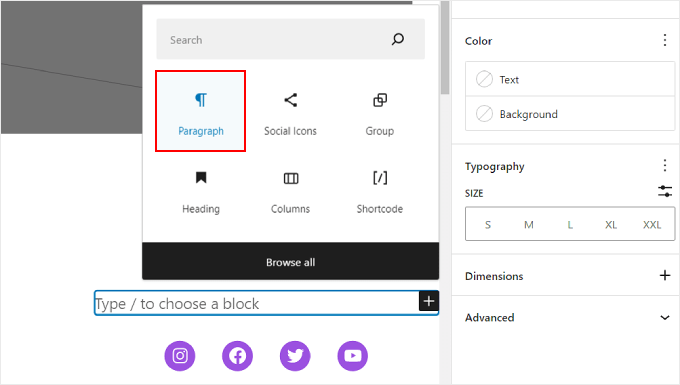 paragrafo-icone-social Adding a Paragraph block on top of the Social Icons block