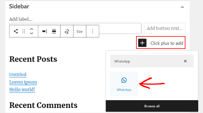 Posizionando il widget Icone social sotto il widget Cerca e aggiungendo l'icona WhatsApp Placing the Social Icons widget below the Search widget and adding the WhatsApp icon