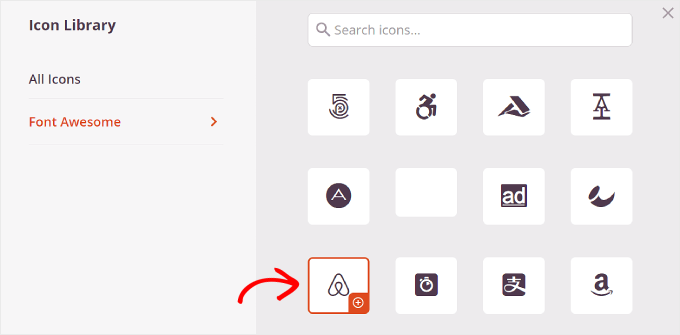 Scegliere l'icona di Airbnb su SeedProd Choosing the Airbnb icon on SeedProd