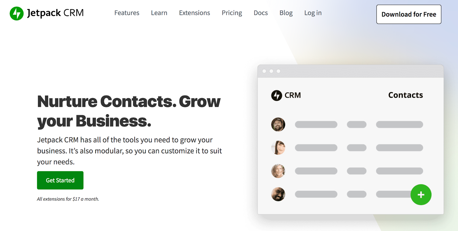 Home page di Jetpack CRM con lo slogan "Coltiva i contatti. Fai crescere il tuo business".