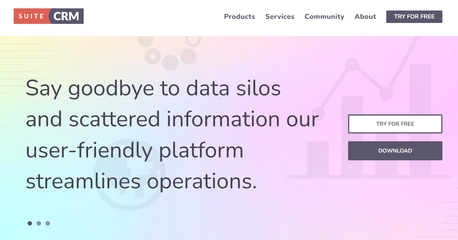 Home page di SuiteCRM con la riga "dì addio ai silos di dati..."