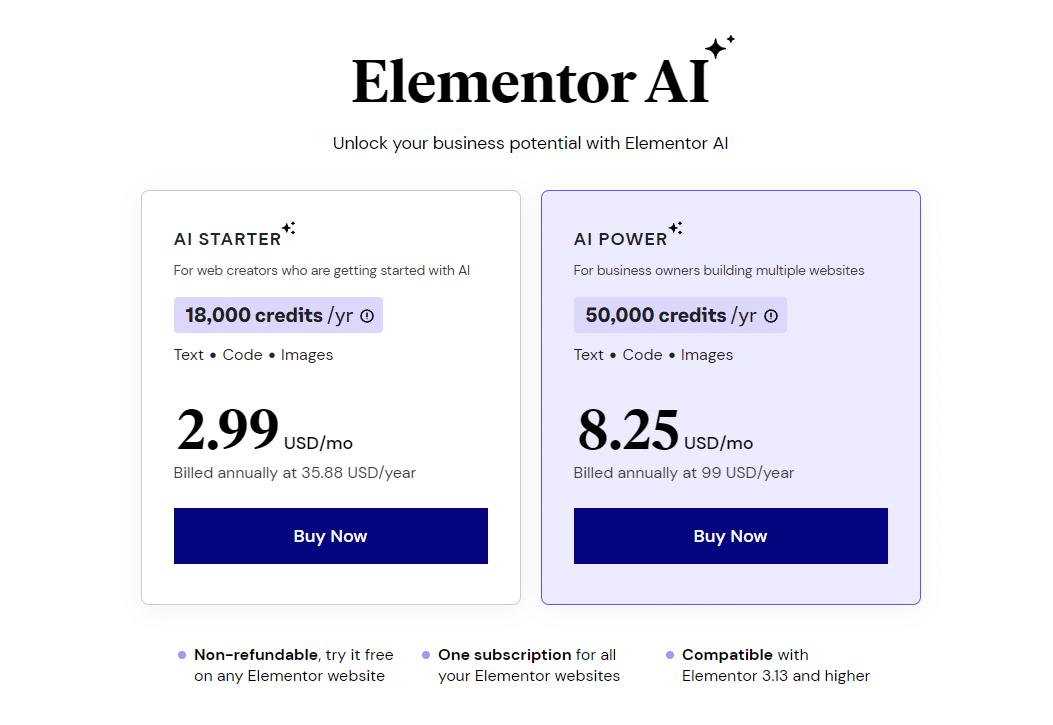 Options de tarification d'Elementor AI – Source : Elementor AI