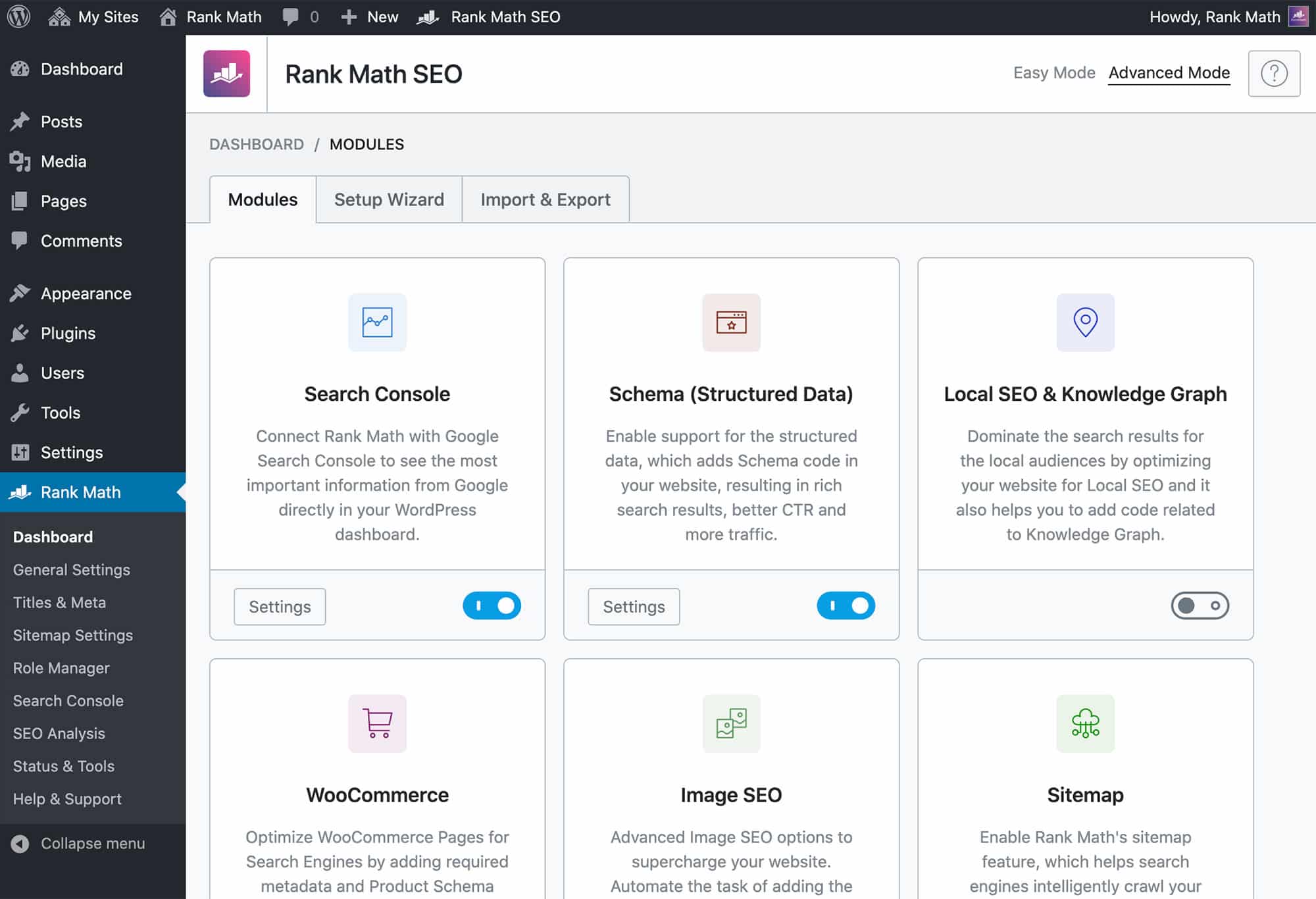 Page des modules de mathématiques de classement – Source : Rank Math
