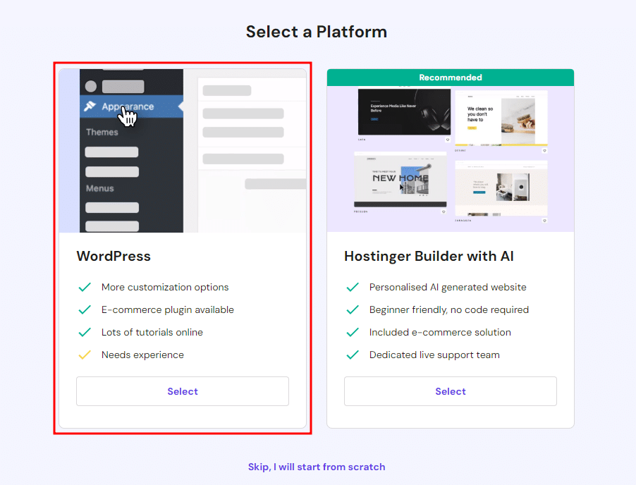 Sélection de la plateforme Hostinger – Source : capture d'écran personnelle