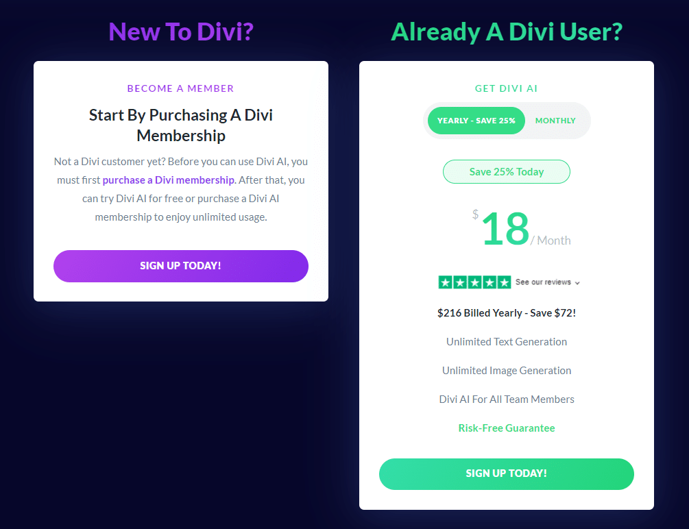 Tarifs Divi AI – Source : Divi AI