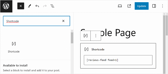 Blok düzenleyiciye kısa kod aracılığıyla eklenen İnceleme Akışını ekleme Adding the Reviews Feed embed via shortcode in the block editor