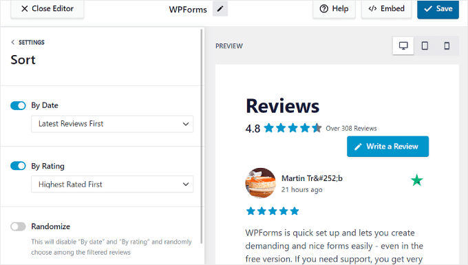 Reviews Feed Pro eklentisini kullanarak inceleme ekranı sıralama ayarlarını yapılandırma Configuring the review display sort settings using the Reviews Feed Pro plugin