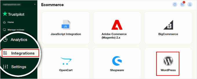 Trustpilot'taki e-Ticaret entegrasyonları menüsünde WordPress'i seçme Selecting WordPress in the eCommerce integrations menu in Trustpilot