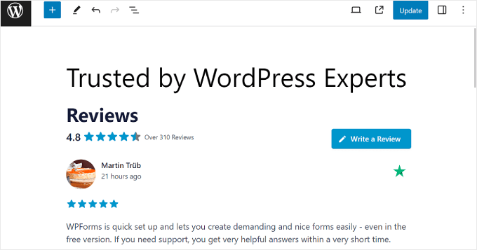 Trustpilot İnceleme Akışı bloğunun neye benzediğine dair örnek Example of what the Trustpilot Reviews Feed block looks like