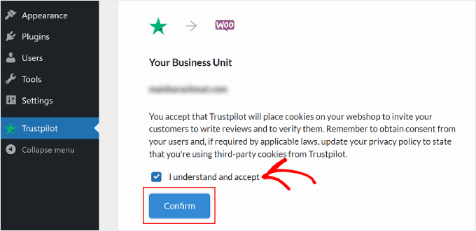 Trustpilot kurulumu sırasında çerez onay adımı The cookie confirmation step when setting up Trustpilot