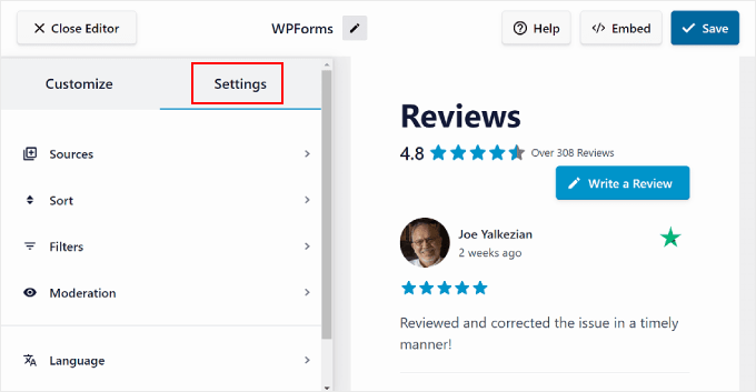 İnceleme Akışı Pro düzenleyicisindeki Ayarlar sekmesi The Settings tab in the Reviews Feed Pro editor