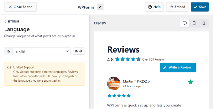 İnceleme Feed Pro'nun dil ayarları Reviews Feed Pro's language settings