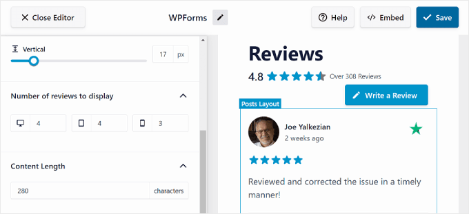 İnceleme Akışı Pro düzenleyicisindeki Düzen sekmesinin ikinci yarı bölümü The second half section of the Layout tab in the Reviews Feed Pro editor