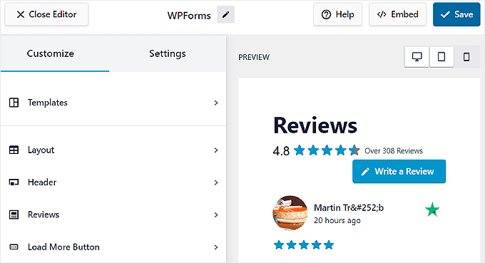 İnceleme Akışı Pro düzenleyicisindeki Özelleştir sekmesi The Customize tab in the Reviews Feed Pro editor