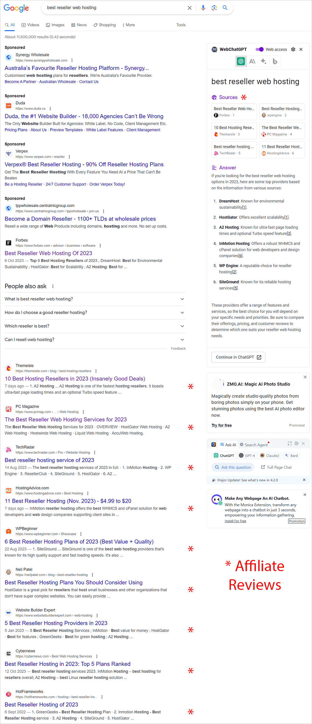 Resultados de búsqueda de Google para el mejor alojamiento web para revendedores