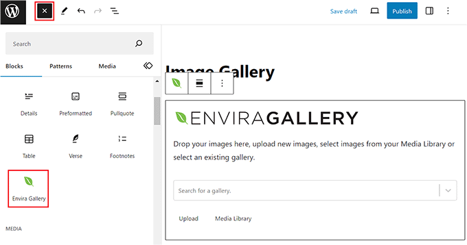 Envira Galeri bloğunu ekleyin Add the Envira Gallery block