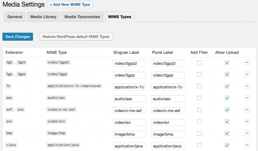 การตั้งค่าประเภท mime ของ Enhanced Media Library