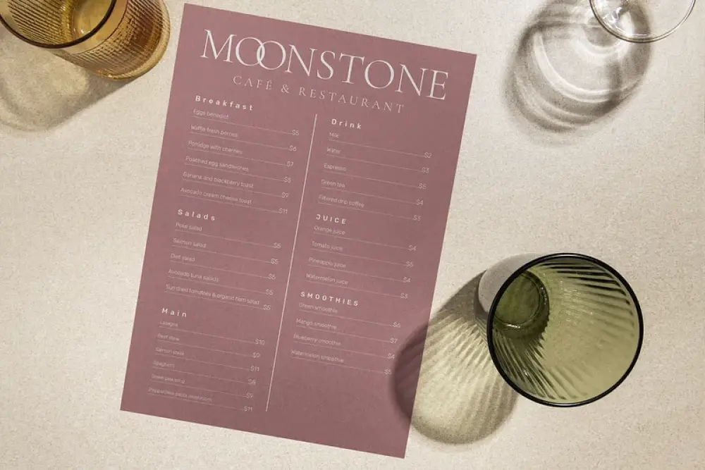 Rotes Café-Menü-Mockup PSD, flaches Lay-Design mit Glas -