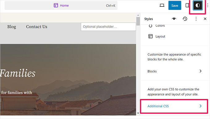 站点编辑器中的附加 CSS 选项 Additional CSS option in site editor