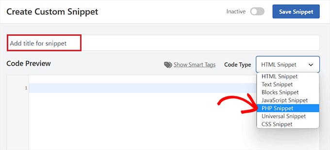 Extrait PHP comme type de code PHP Snippet as code type
