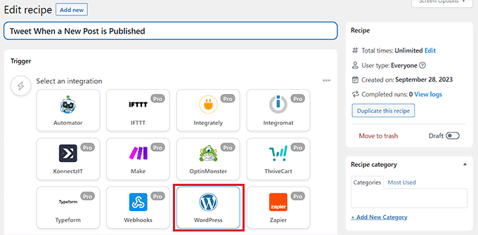 트리거 통합으로 WordPress를 선택하세요. Choose WordPress as trigger integration
